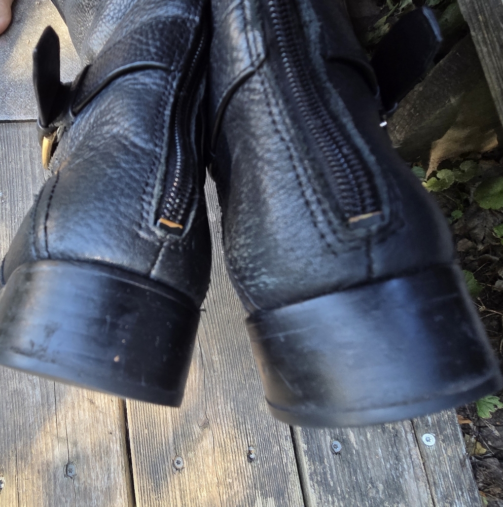 Tory Burch Claire Riding Boots Black Tumbled Leather Gold Hardware - Picture 8 of 11